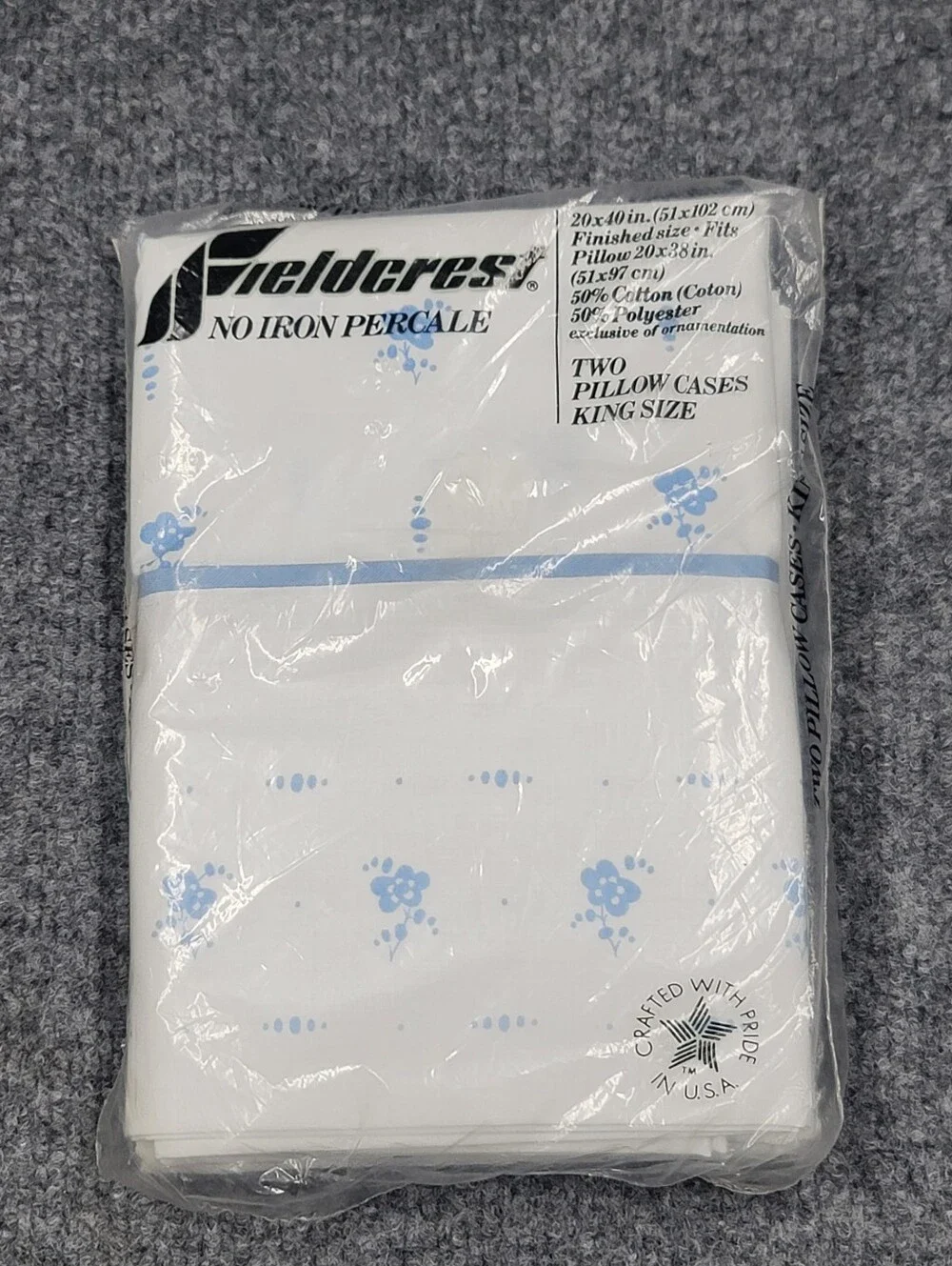 Vintage Fieldcrest No Iron Percale King Size Pillowcases White W/ Blue Flowers